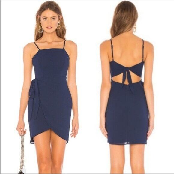 Superdown revolve morgan navy blue layered faux wrap mini dress open back size S - Picture 1 of 7